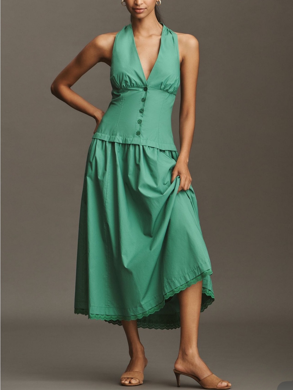 Maeve Green One-Shoulder Halter Midi Dress